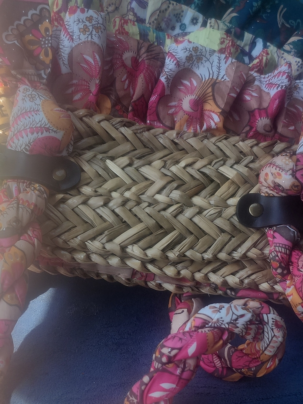 Woven Straw Tote Bag with Pink Floral Trim